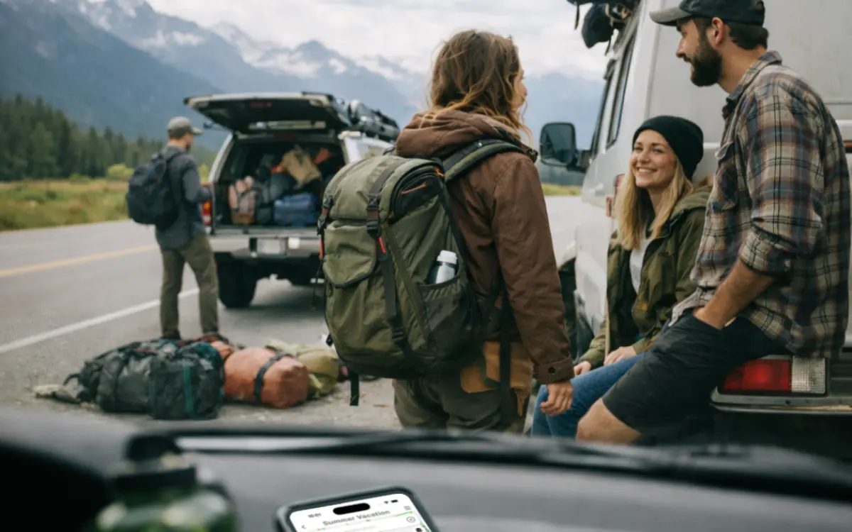 Reisegruppe am Fahrzeug mit gemeinsamer Karte